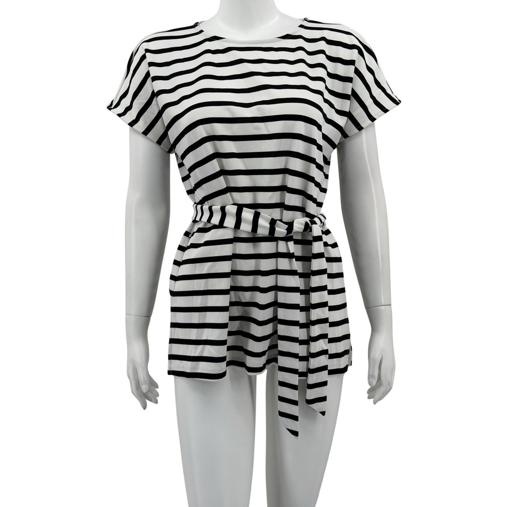 Ann Taylor Top Women Medium White Black Stripe Nautical Tie Waist Office Stretch
